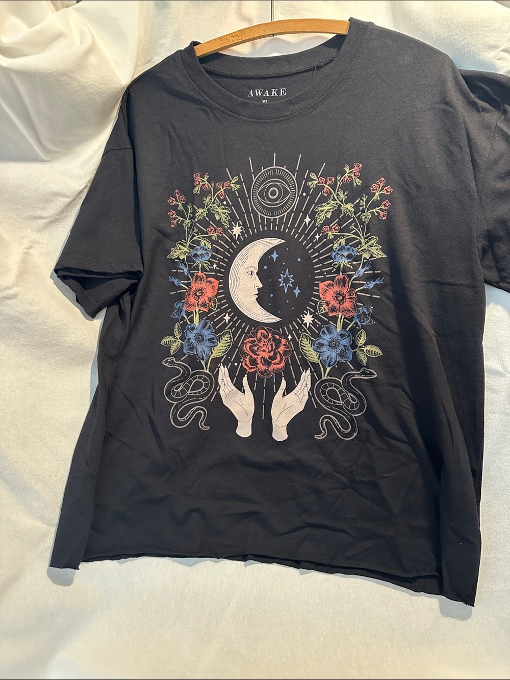 Awake Black Moon & Floral Print Tee with Red and Blue Accents